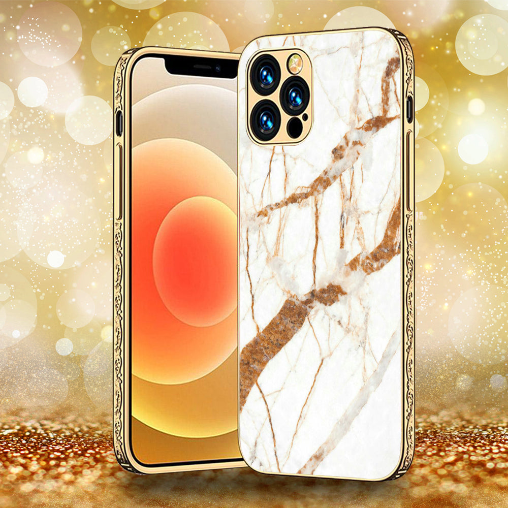 iPhone 13 Pro Max - White Marble Series - Premium Electroplated Infinity Ultra Shine Glass Soft Silicon Borders Case