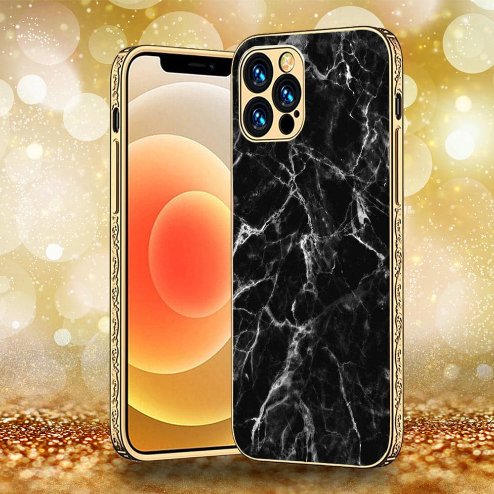 iPhone 13 Pro Max - Black Marble Series - Premium Electroplated Infinity Ultra Shine Glass Soft Silicon Borders Case