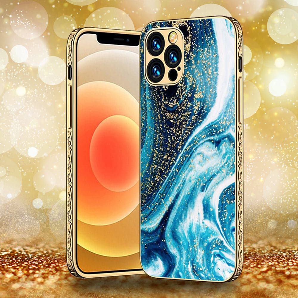 iPhone 13 Pro Max - Blue Marble Series - Premium Electroplated Infinity Ultra Shine Glass Soft Silicon Borders Case