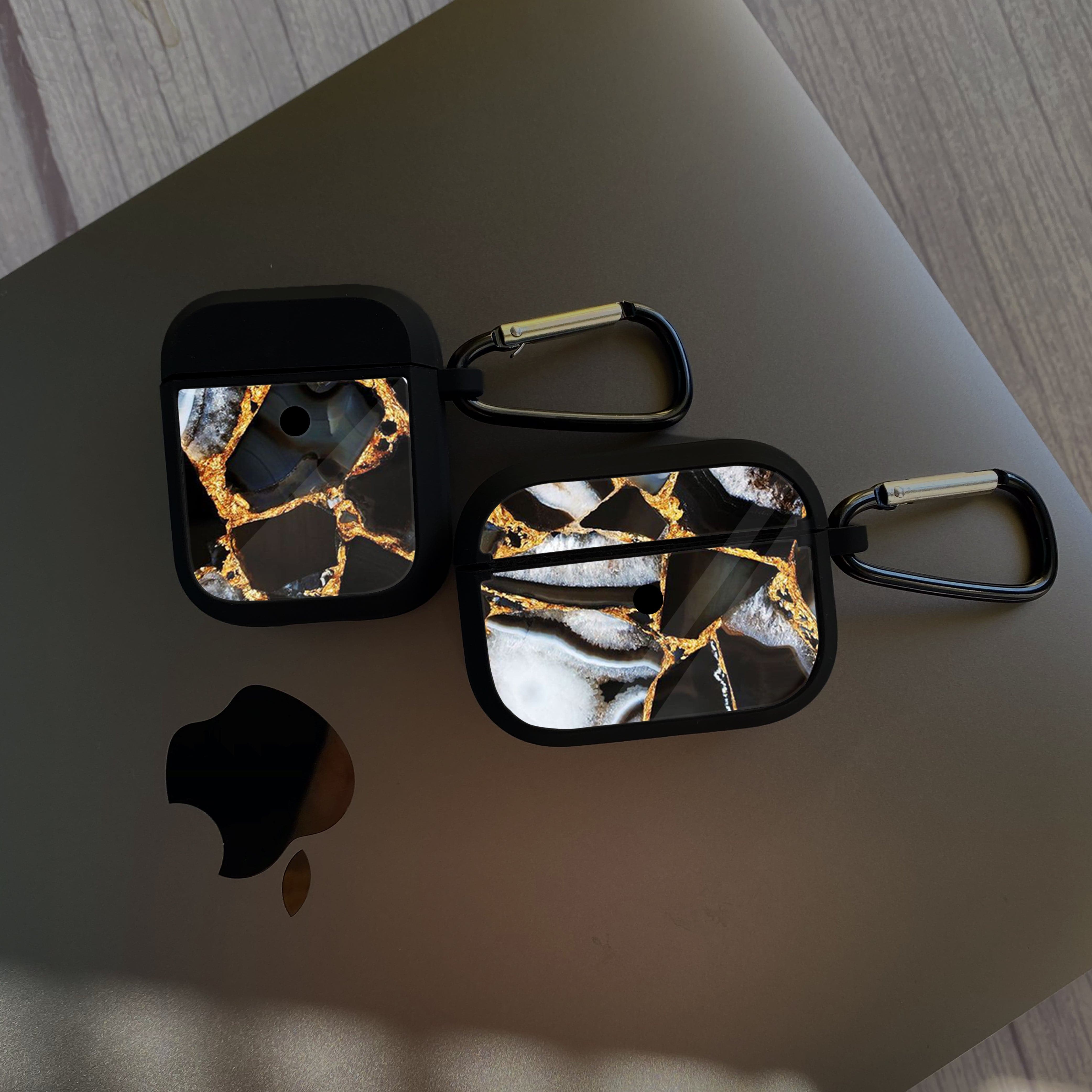 Apple Airpods Case - Black Marble Series 05 - Premium Print with holding clip