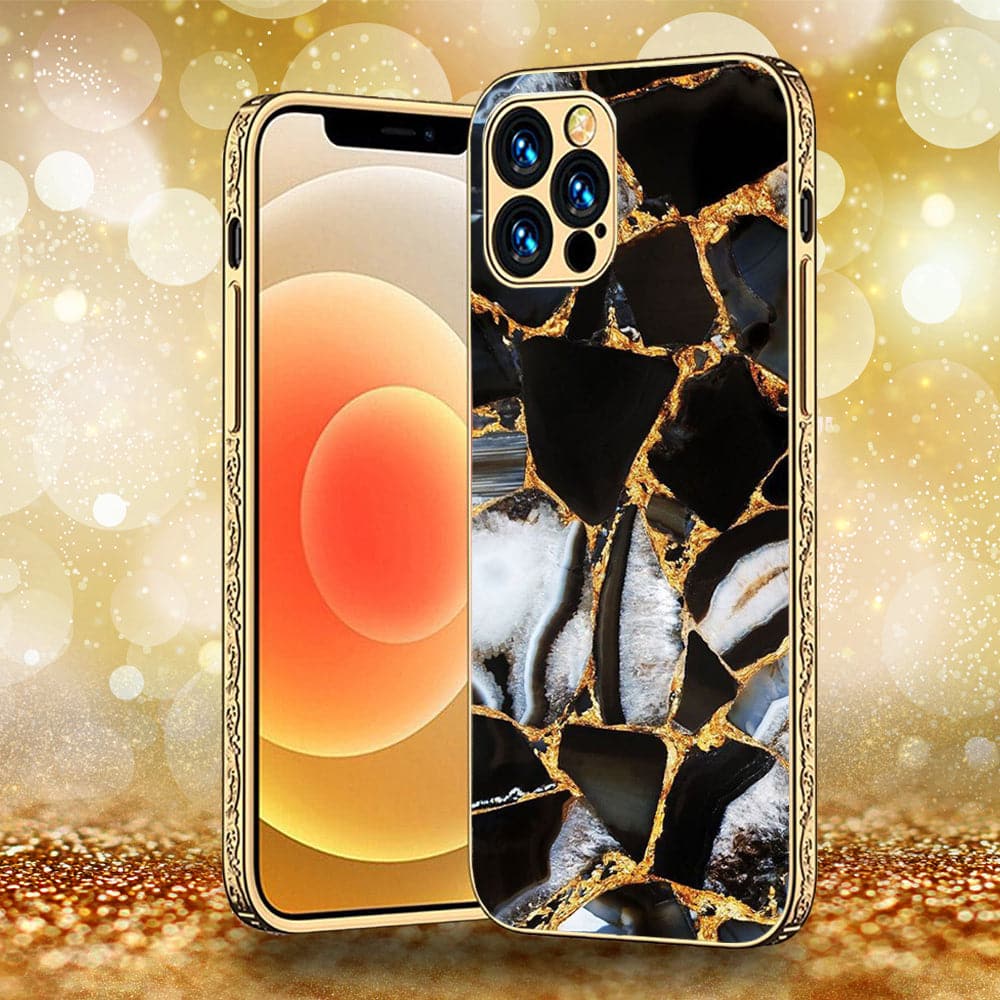 iPhone 13 Pro Max - Black Marble Series - Premium Electroplated Infinity Ultra Shine Glass Soft Silicon Borders Case