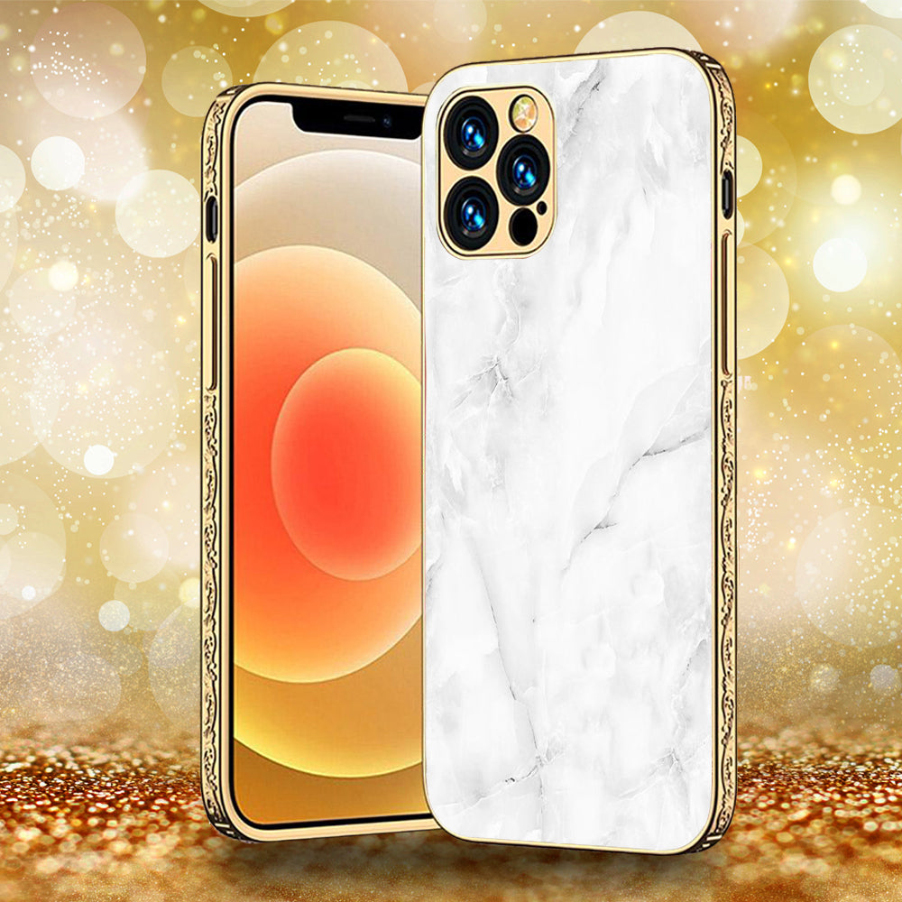 iPhone 13 Pro Max - White Marble Series - Premium Electroplated Infinity Ultra Shine Glass Soft Silicon Borders Case