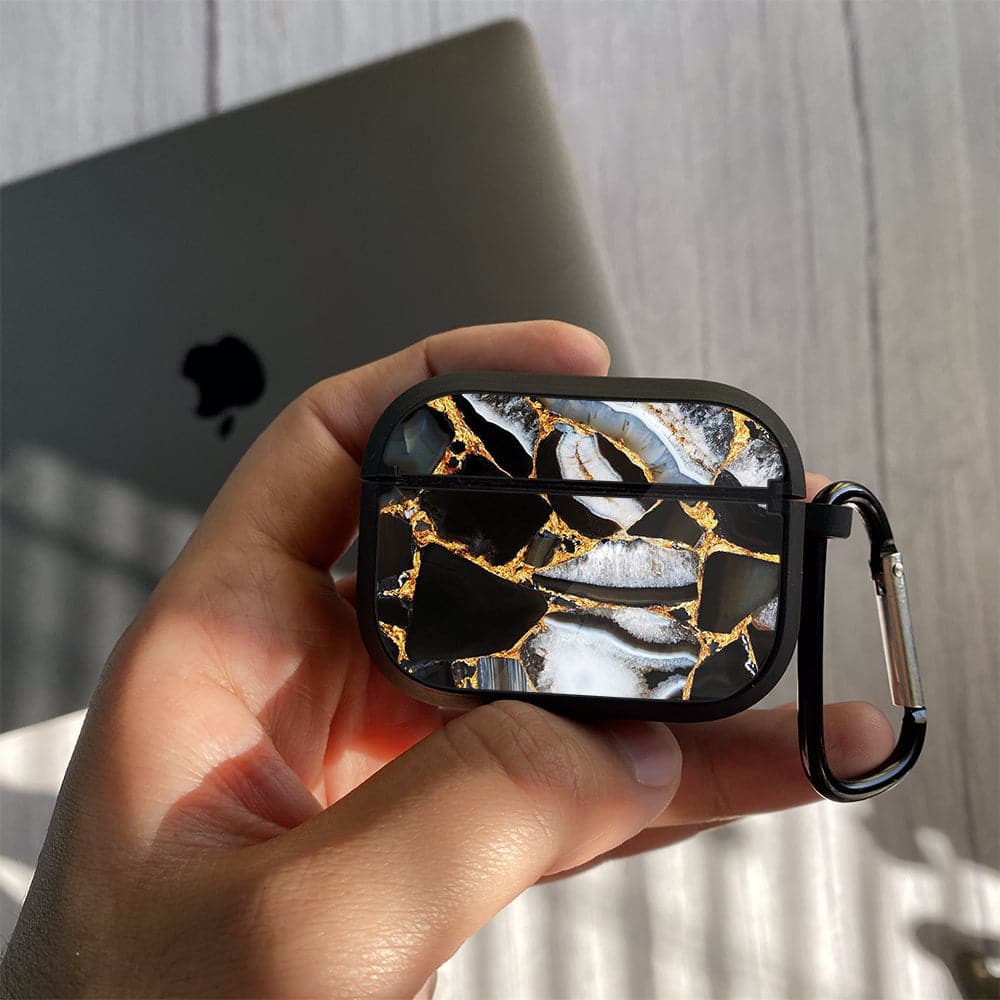 Apple Airpods Case - Black Marble Series 05 - Premium Print with holding clip