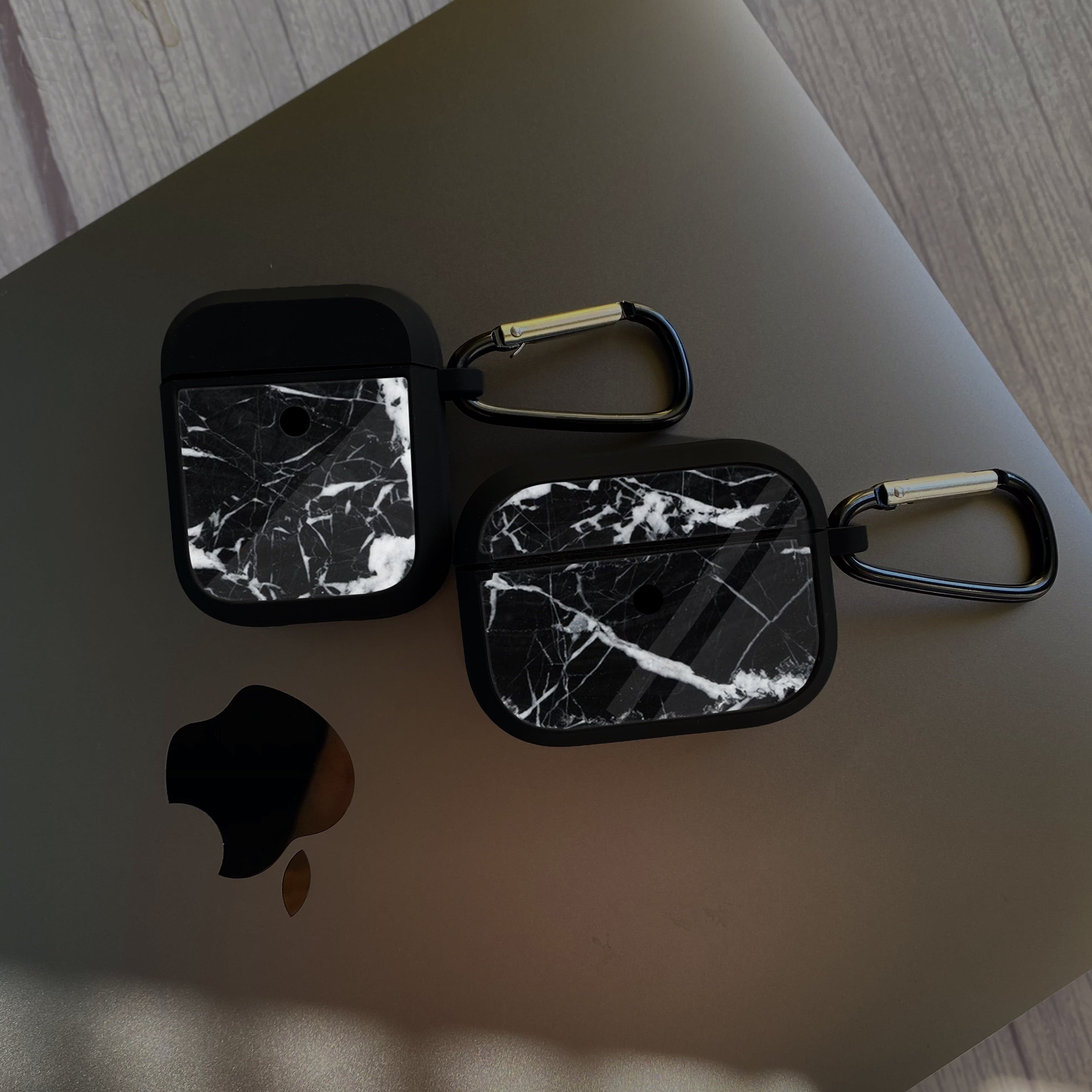 Apple Airpods Case - Black Marble Series 06 - Premium Print with holding clip