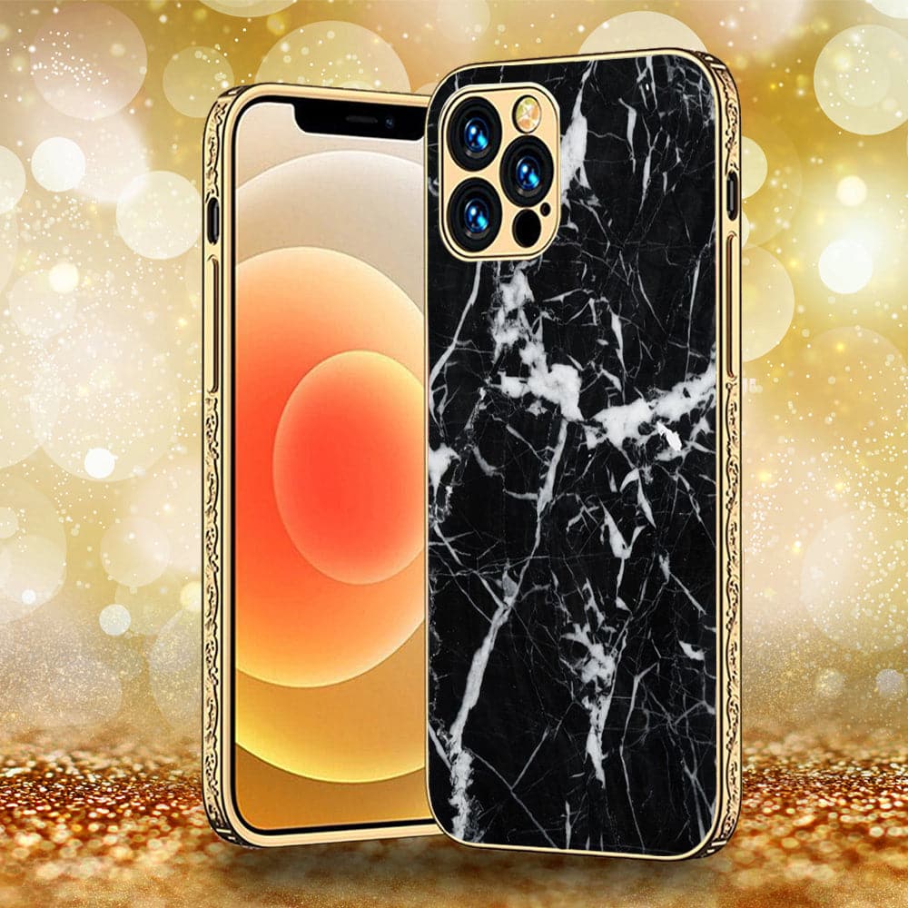 iPhone 13 Pro Max - Black Marble Series - Premium Electroplated Infinity Ultra Shine Glass Soft Silicon Borders Case