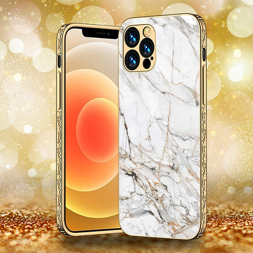 iPhone 13 Pro Max - White Marble Series - Premium Electroplated Infinity Ultra Shine Glass Soft Silicon Borders Case