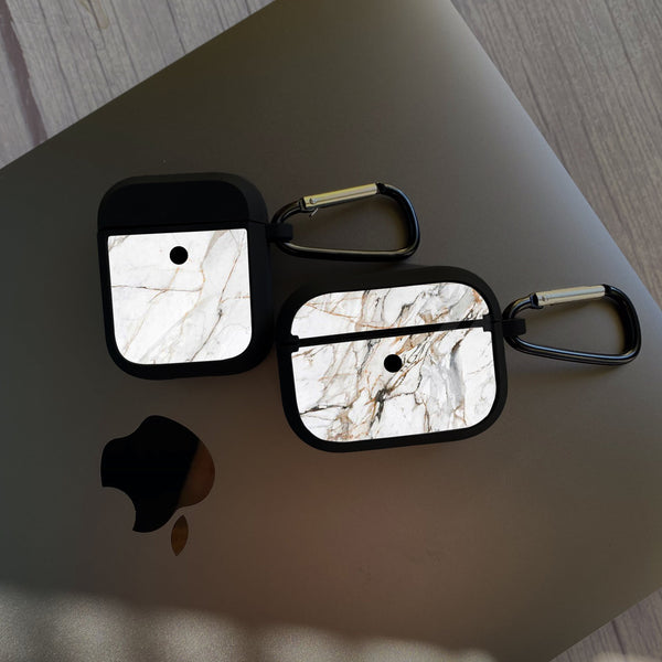 Apple Airpods Case - White Marble Series 06 - Premium Print with holding clip