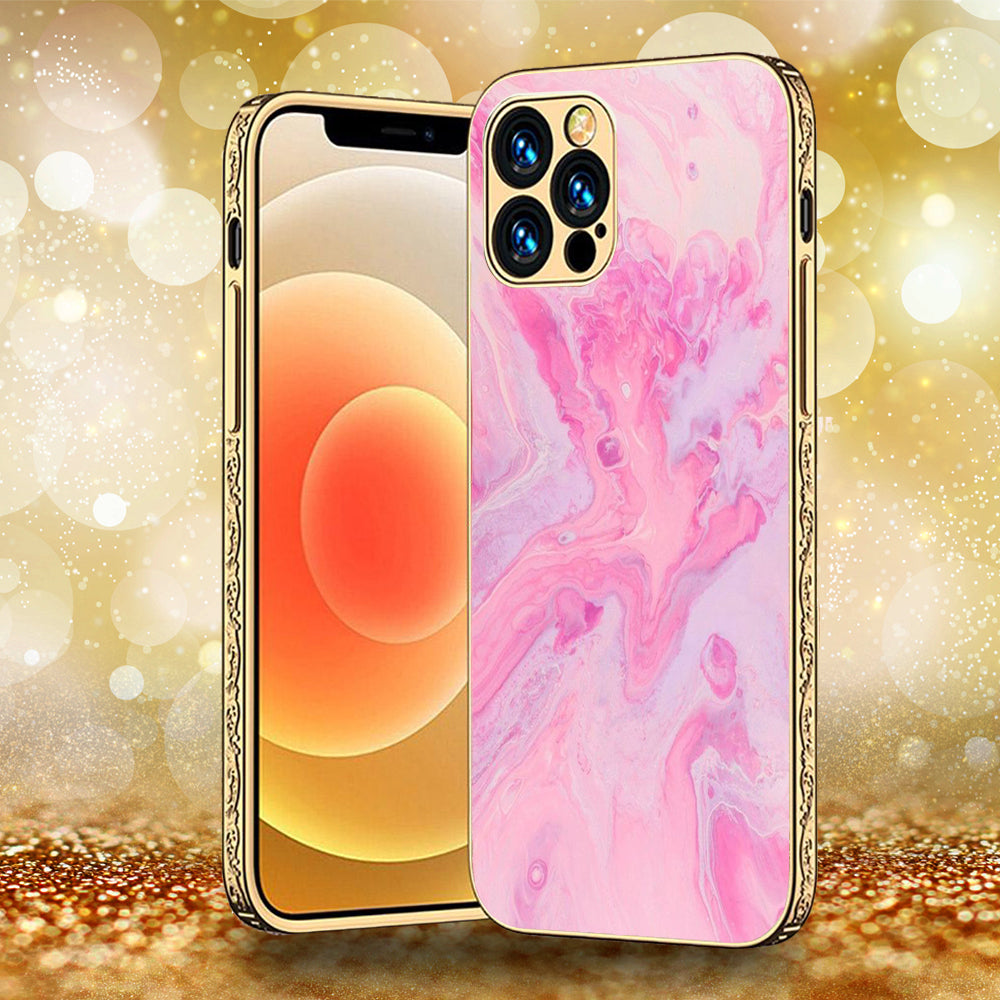 iPhone 13 Pro Max - Pink Marble Series - Premium Electroplated Infinity Ultra Shine Glass Soft Silicon Borders Case