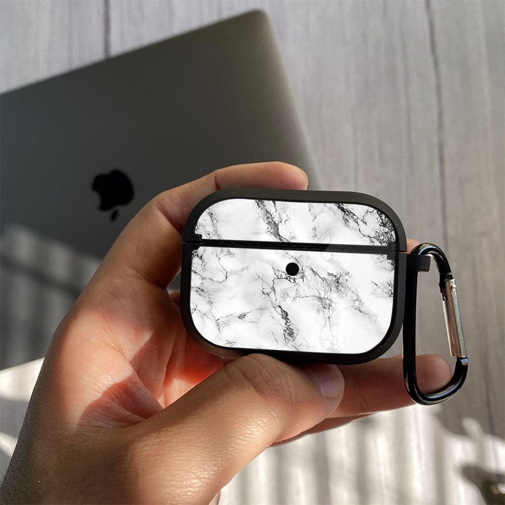 Apple Airpods Case - White Marble Series 07 - Premium Print with holding clip