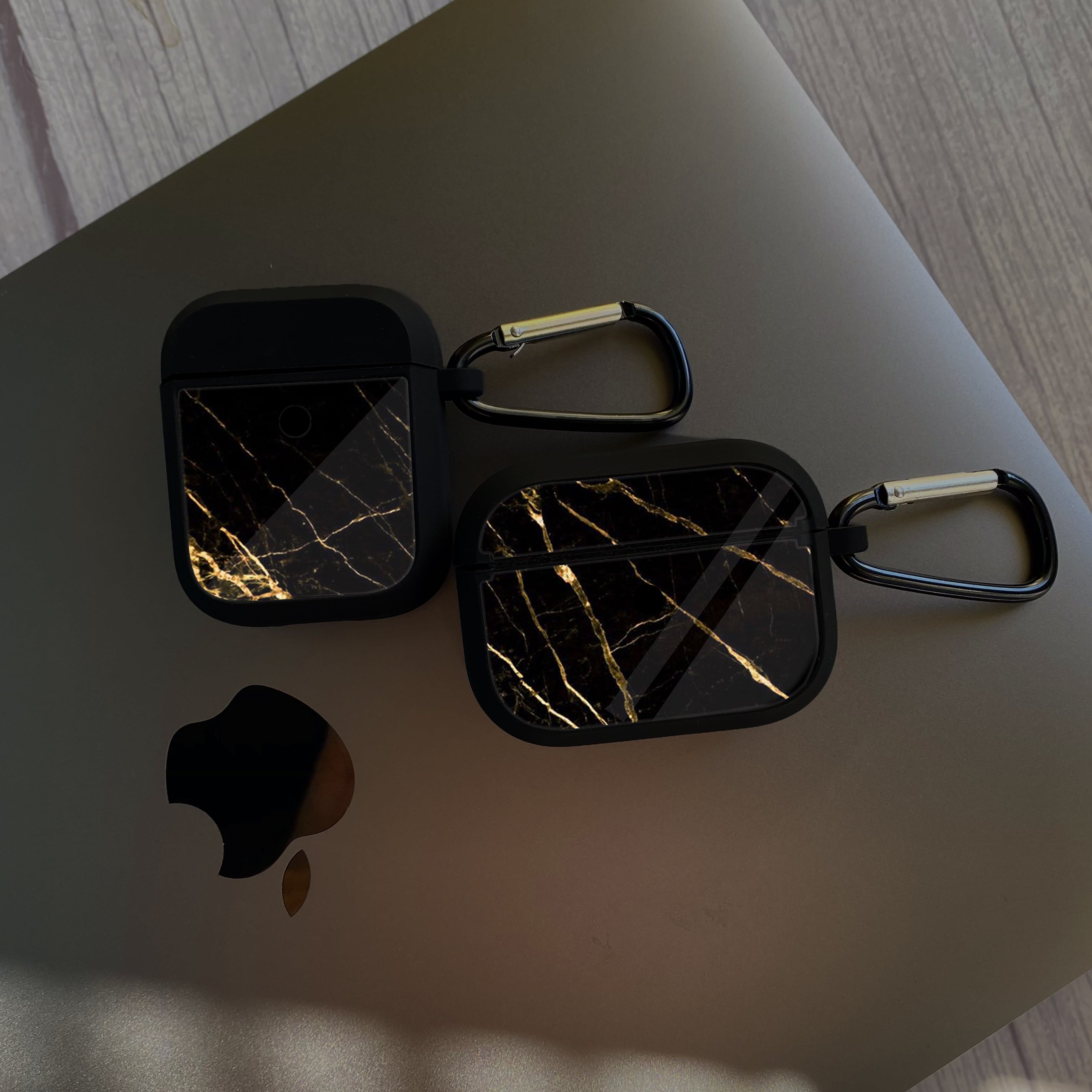 Apple Airpods Case - Black Marble Series 07 - Premium Print with holding clip