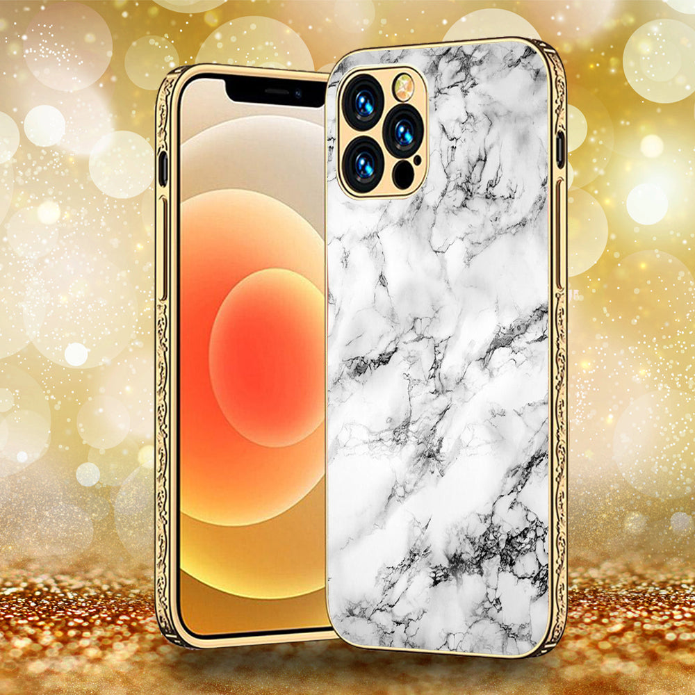 iPhone 13 Pro Max - White Marble Series - Premium Electroplated Infinity Ultra Shine Glass Soft Silicon Borders Case