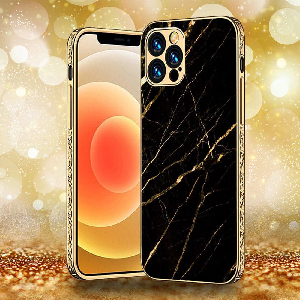 iPhone 13 Pro Max - Black Marble Series - Premium Electroplated Infinity Ultra Shine Glass Soft Silicon Borders Case