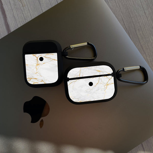 Apple Airpods Case - White Marble Series 08 - Premium Print with holding clip