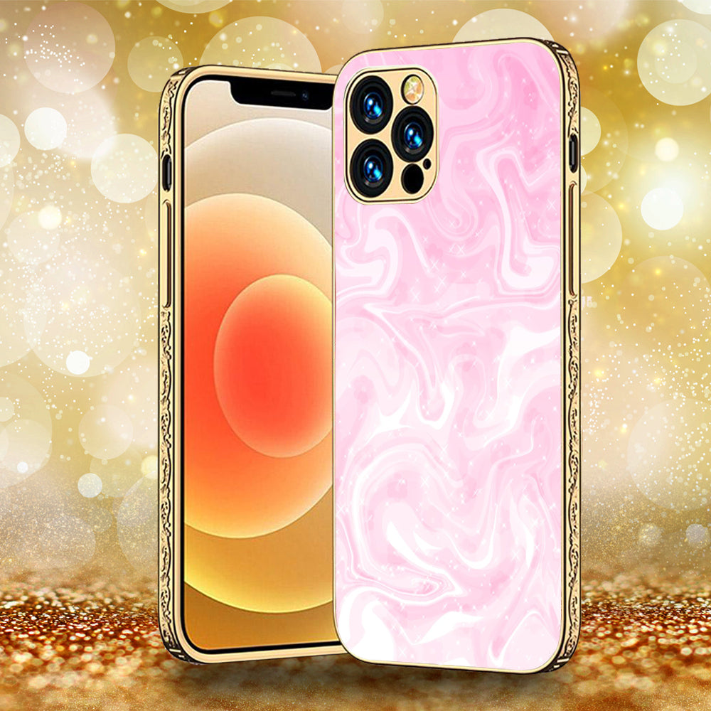 iPhone 13 Pro Max - Pink Marble Series - Premium Electroplated Infinity Ultra Shine Glass Soft Silicon Borders Case